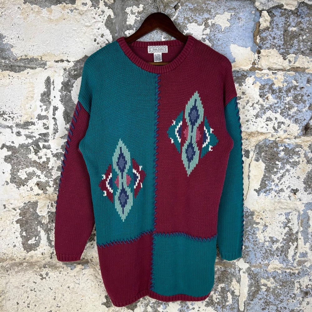 Vintage 90's Gina Peters Sweater Teal Burgundy Southwestern Colorblock Women S